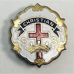 VTG 0.5" Goldtone Enamel Christian Cross & Crown SS Church Sunday School PINBACK